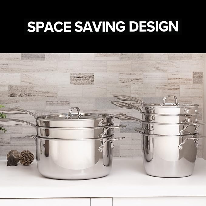 Nuwave 9pc Stainless Steel Pro-Smart Cookware Set, Tri-Ply Heavy-Duty Construction, Ergonomic Stay-Cool Handles, Duralon Blue Healthy Non-Stick Ceramic Coating, Induction-Ready & Works on All Cooktops