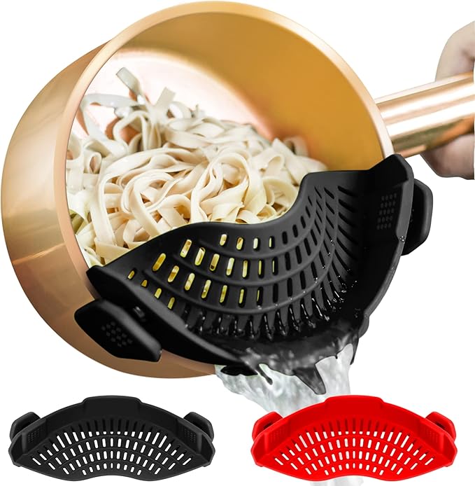2PACK AUOON Clip on Strainer for All Pots Pans - Silicone Kitchen Colander Food Strainer for Pasta Meat Vegetable Fruits | Easy to Use and Store, Dishwasher Safe (BlackRed)