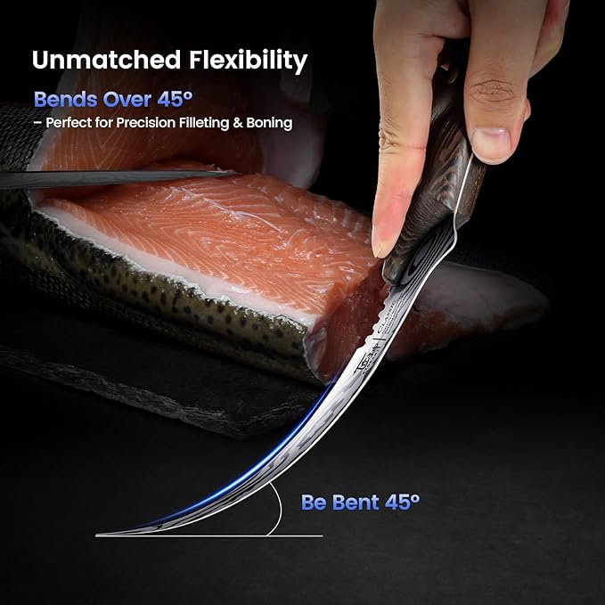 Fillet Knife, Razor Sharp 7.2 Inch Boning Knife, High Carbon Stainless Steel Filet Knives with High Flexibility, Wooden Handle, Full Tang Damascus Pattern Fishing Knives, Fishing Gifts for Men