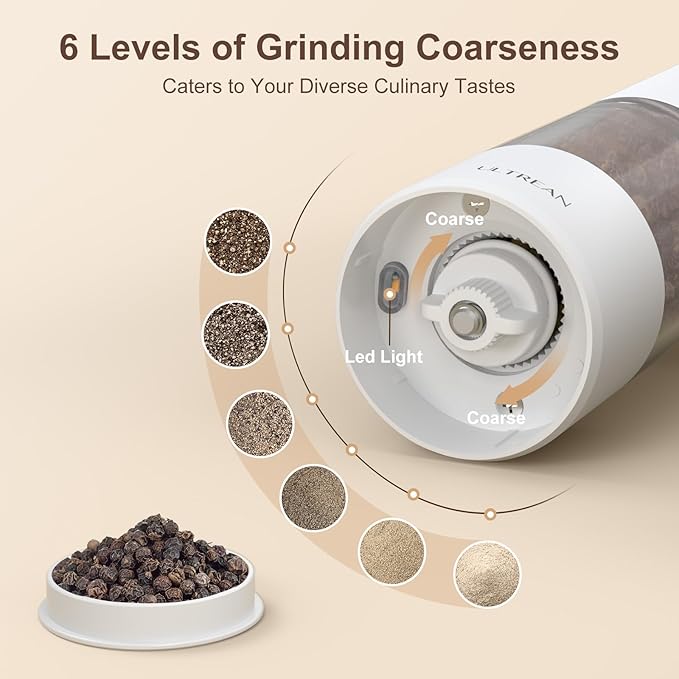 Ultrean Pepper Grinder, Rechargeable Salt and Pepper Grinder with 6 Adjustable Coarseness, LED Light, One-Hand Automatic Operation, White
