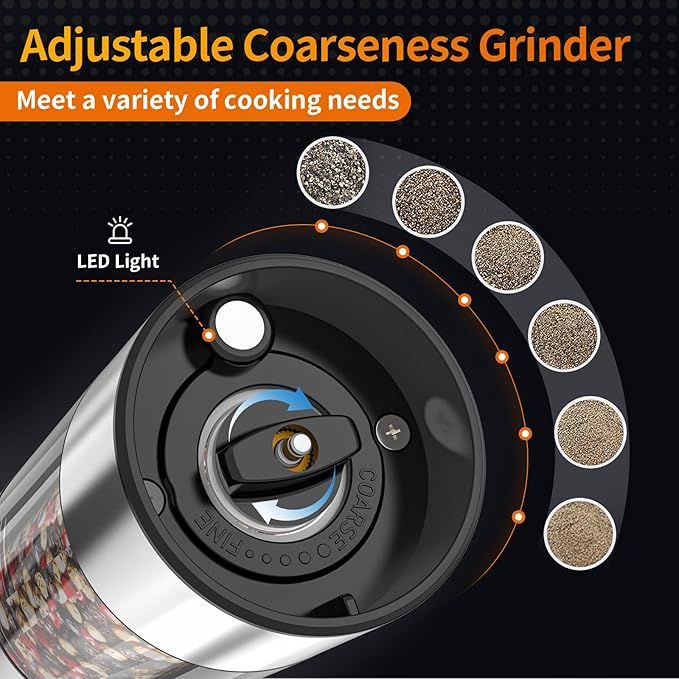 2Pack Electric Salt and Pepper Grinder Set USB Rechargeable with Warm LED Light, Adjustable Coarseness Lidaop Large Capacity Automatic Salt Pepper Mill Grinder for Kitchen, Sliver Set