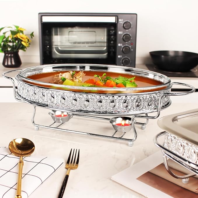 Casserole Dish 13" x 9" Glass Baking Dish with Stainless steel Lid and rack, Silver oval 2.5 Qt Large Baking Pan For Casserole & Lasagna, Microwave Dishwasher Freezer Oven Safe