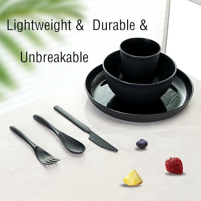 36 pcs Wheat Straw Dinnerware Sets, DAPIPIK Unbreakable Reusable Dinnerware Set, Kitchen Cups Plates and Bowls Sets Dishwasher Microwave Safe Plates (Black)