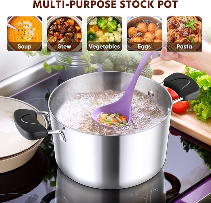 E-far 6-Qt Stainless Steel Stock Pot, Triply Stockpot with Lid for Cooking Simmering Soup Stew, Heavy Duty Cookware Works w/Induction, Non-toxic & Corrosion Resistant, Dishwasher Safe