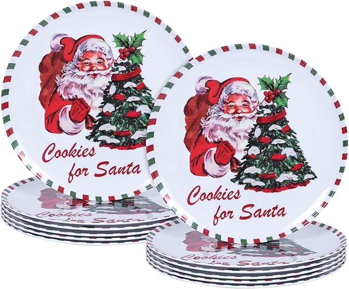 10-Inch Christmas Melamine Dinner Plates, 12-Piece Dishes Set, Lightweight & Stackable for Holidays& Decor Party plates, Ideal for Salad,Dessert,Fruit and Cakes