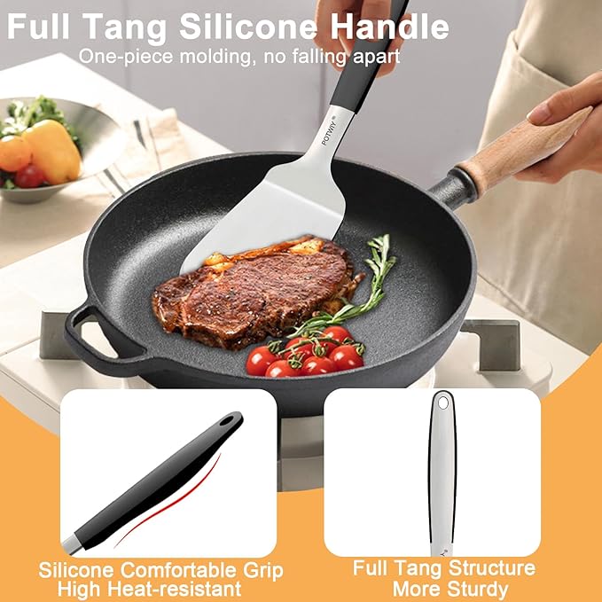 2 Pcs Stainless Steel Spatula Set, 11.3 x 3.1In Metal Spatulas for Kitchen Use, Cast Iron Skillet Cooking, Solid and Slotted Turner with Heat Resistant Handle, Flipper for Steak, Eggs, Burgers