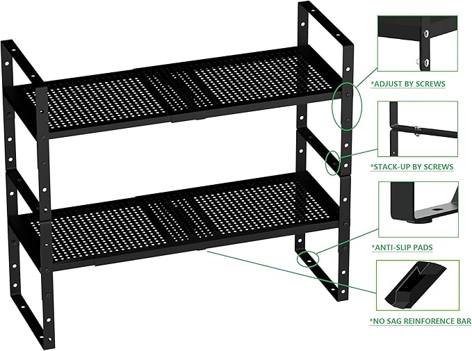 Expandable Spice Rack, Stackable Metal Pantry Storage Shelves Stand, Adjustable Height Cabinet Shelf Organizer Racks(2PACKS/BLACK,MEDIUM)