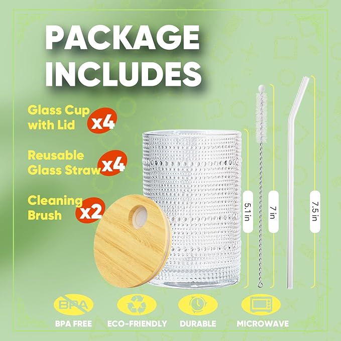 15 Oz Glass Cups with Lids and Straws, Vintage Embossed Glassware for Whiskey Cocktail Beer, Iced Coffee Cup with Lid (4 PACK)