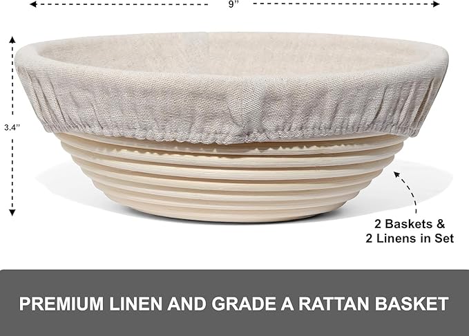 Premium Bread Proofing Set with Acacia Wood - Sourdough Bread Baking Supplies, 2 Rattan Banneton Baskets, 2 Basket Covers, Brush, Metal Scrapper, Plastic Scrapper, Scoring Lame, 5 Blades & Case