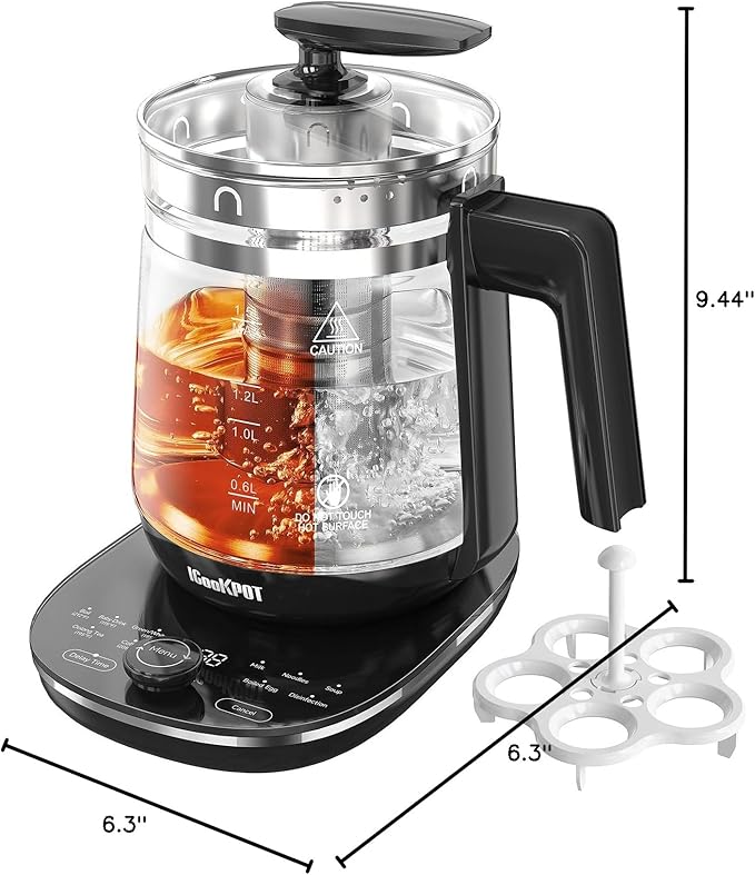 Glass Electric Kettle With Tea Infuser and Temperature Control - 1.5L Stainless Steel Tea Maker, 1200W Rapid Boiling, Programmable Control for Teas and Coffee - Black