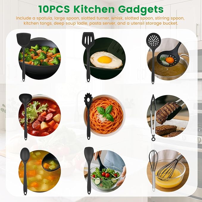 HANSGO Silicone Cooking Utensils Set - 446°F Heat Resistant Kitchen Utensils Set, 10PCS Kitchen Gadgets with Hanging Hole for Nonstick Cookware, Dishwasher Safe, Black