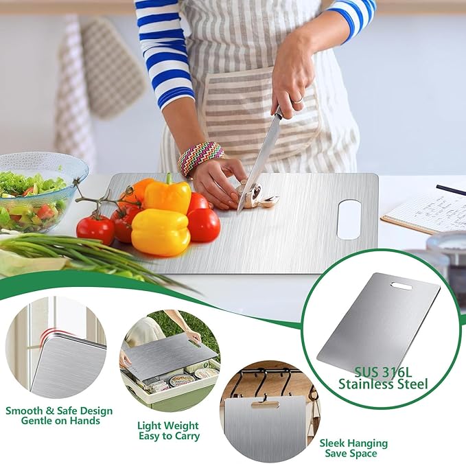 Katuchef Cutting Board for Kitchen, 316L Stainless Steel Cutting Board, Double-Sided Titanium Chopping Board for Meat, Fruit, Vegetables Easy to Clean Non Toxic Outdoor Camping or Indoor 9 * 14In