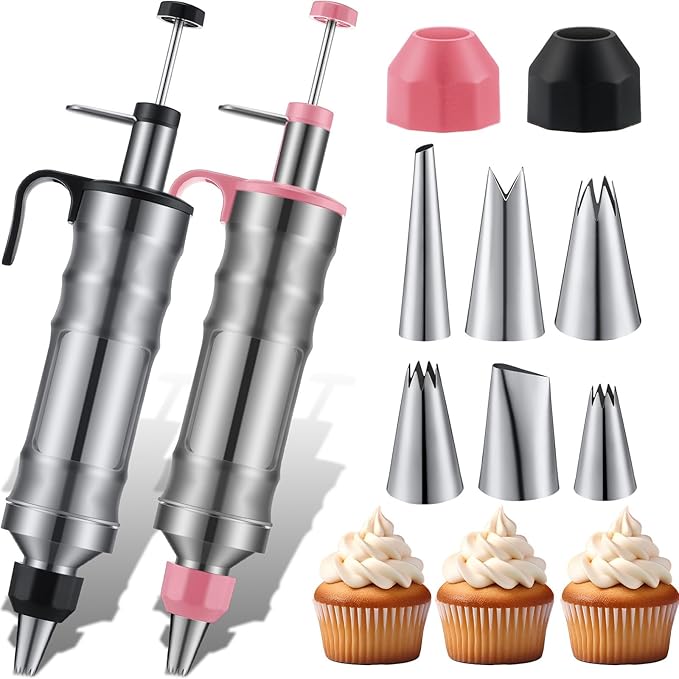 Uiifan 2 Sets Icing Decoration Gun Set Dessert Decorating Decorator Syringe Cake Decorating Tool and 12 Pcs Russian Piping Icing Nozzles Cupcake Filling Injector Cake Tool for Baking(Pink, Black)
