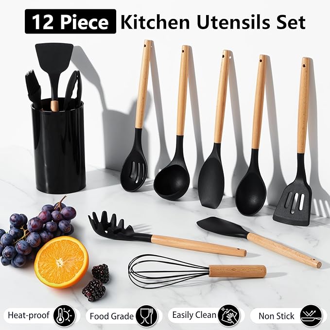 P&P CHEF Silicone Cooking Utensils Set, 12PCS Kitchen Utensils Set with Wooden Handle for Nonstick Cookware, Ladle, Spoon, Spatula, Tong, Heat-resistant & Non-scratch, Non Smell & Healthy, Black