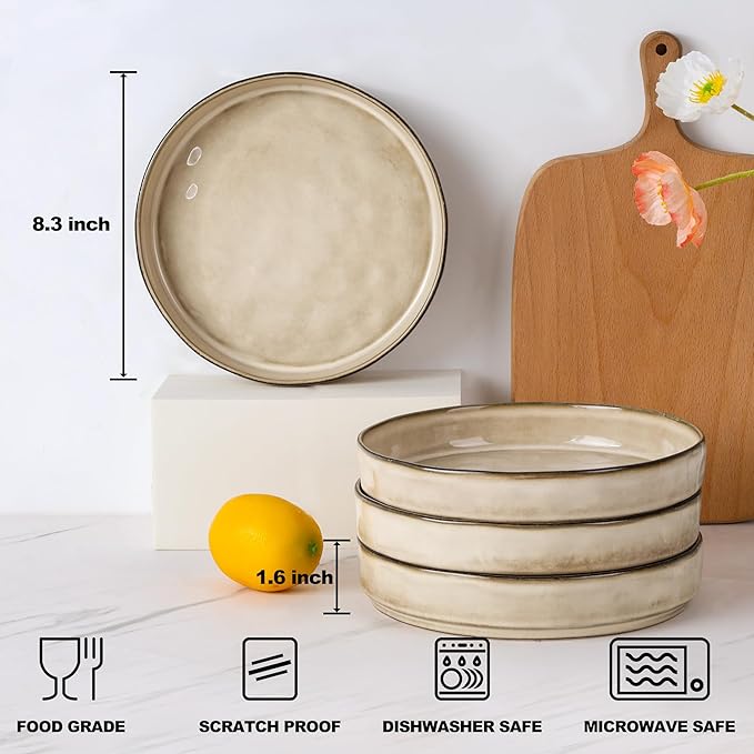 E-far Pasta Bowls Set of 4, 30oz Shallow Salad Bowls for Dinner Serving, 8.25" Stoneware Ceramic Bowl Plates for Noodle Soup, Microwave & Dishwasher Safe, Reactive Glaze, Khaki