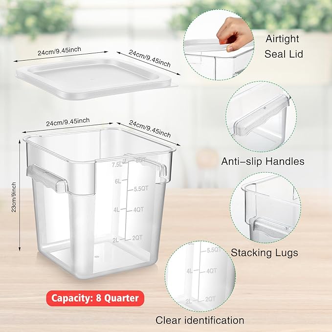 2 Pieces Square Food Storage Containers Polycarbonate Clear food Container with Lid Commercial Storage with Graduations for Commercial Kitchen Dough Marinating Meat(White,8 Qt)