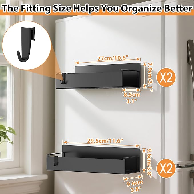 4 Pack Magnetic Spice Rack Organizer for Refrigerator and Oven, Movable Magnetic Hanging Kitchen Spice Rack with 4 Hooks, Black