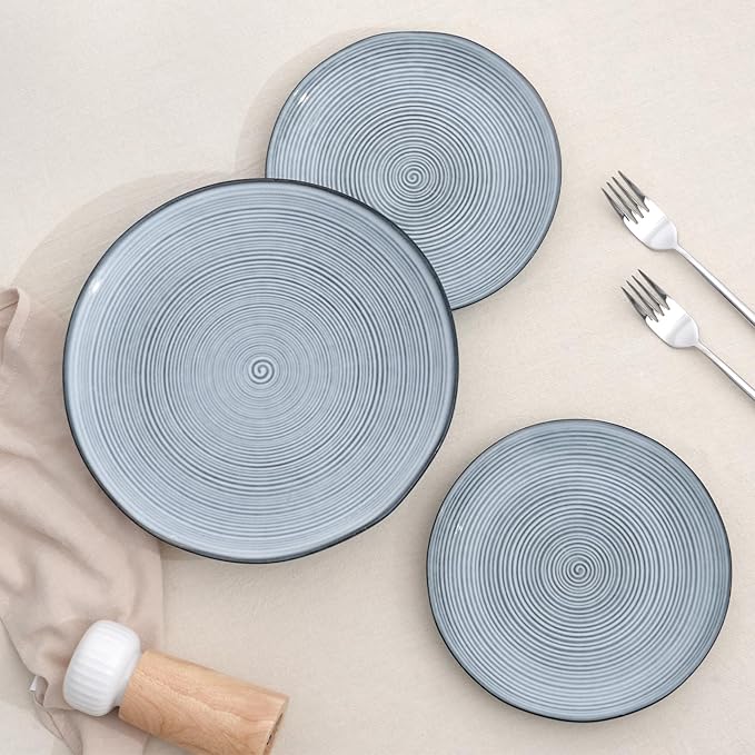 Famiware Tempus Plates and Bowls Sets for 6, 18 Pieces Stoneware Dinnerware Sets, Reactive Glaze Dishes Set, Dishwasher & Microwave Safe - Pearl Blue
