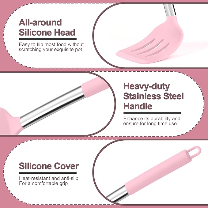 P&P CHEF Pink Kitchen Cooking Utensil Set of 4, Silicone Solid Spatulas Slotted Spoons Turners for Non-stick Cookware Flipping Mixing, Heat-proof