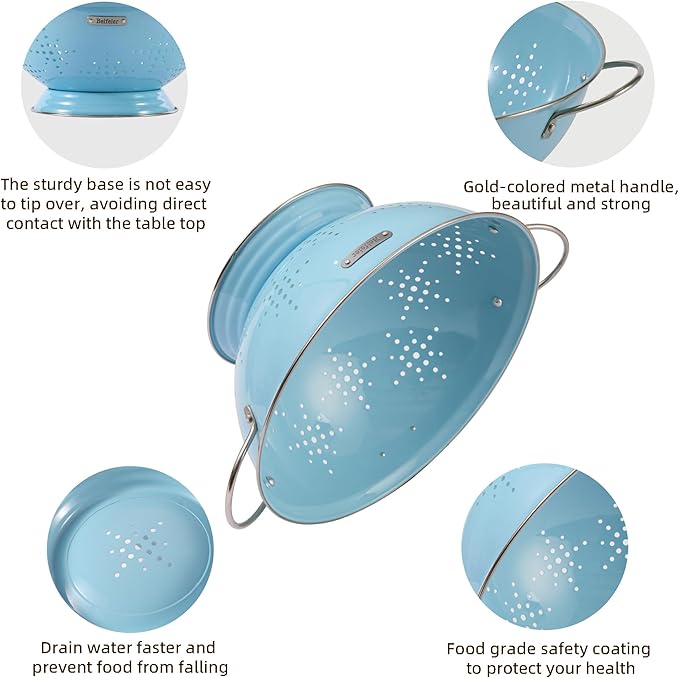 Metal Colander 2 Pack, Strainer Bowel with Handles 2Qt & 6Qt Powder Coated Solid Ring Base Heavey Duty Kitchen Drainer Basket for Pasta Veggies and Fruits,New Home Apartment Essentials (ArcticBlue)
