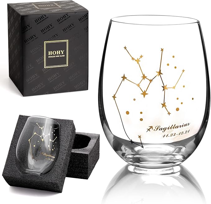 HOHY Sagittarius Zodiac Wine Glass - 20oz, Crystal Stemless, Star Constellation, Astrology Gift for Women & Men