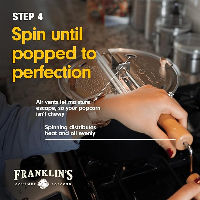 Franklin's Gourmet Popcorn - Movie Night Bundles - Whirley Popper, 28 oz. Organic Popcorn Kernels, 19 oz. Butter Flavored Salt, 30 oz. Butter Flavored Coconut Oil