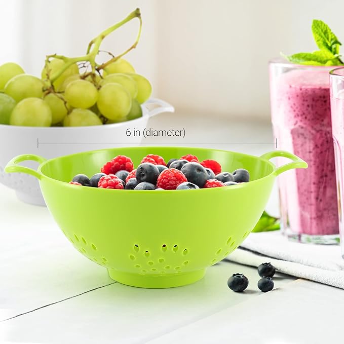 Meadow Lane 6-inch Small Colander, BPA-Free, Dishwasher Safe, Double Handles, Compact Food Strainer for Berries, Veggies and Pasta, 3-Cup Capacity, Green and White, 2-Pack