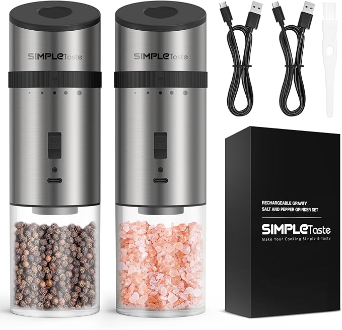 SIMPLETASTE Gravity Electric Pepper Mill and Salt Grinder Set Rechargeable with LED Light, Stainless Steel Body, Adjustable Coarseness for Pepper and Salt, gift to Men/Women