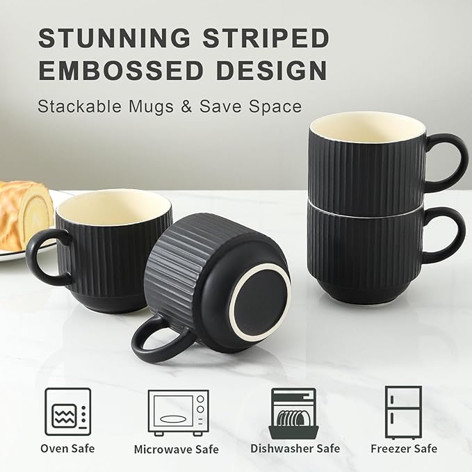 Hasense 15OZ Ceramic Stackable Coffee Mugs Set of 2, Large Porcelain Coffee Cups Set with Ribbed Design and Handle for Cappuccino, Latte, Cereal, Americano, Tea Bag and Beverage, Matte Black