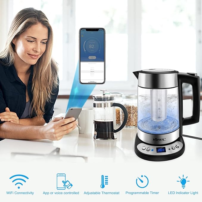 Smart Electric Kettle APP Control, Korex Glass Water Boiler Included Filter Suitable for Alexa Google Home Assistant 1.7 L BPA FREE Great for Coffee Tea Milk With Overheat Protection Controlled
