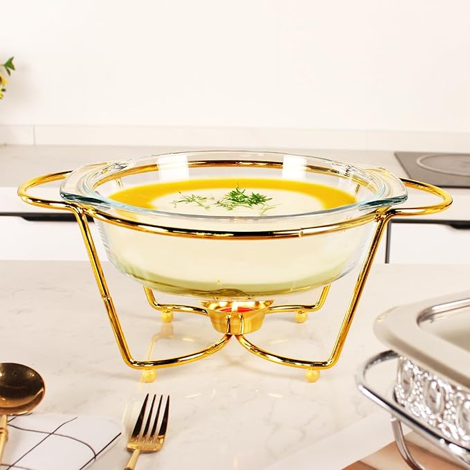 Casserole Dish 9" Glass Baking Dish with Stainless steel Lid and Golden rack, 1.5 Qt round Baking Pan For Casserole & Lasagna, Microwave Dishwasher Freezer Oven Safe