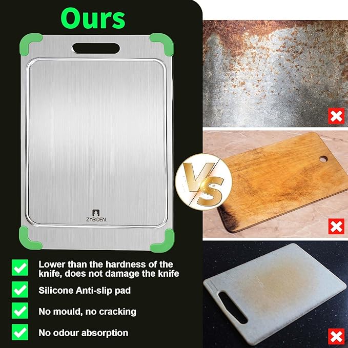100% Pure Titanium Cutting Board with Grooves, Update Double Side Titanium Chopping Board, Silicone Anti-slip Stainless Cutting Boards for Kitchen 10 * 14 IN, Green