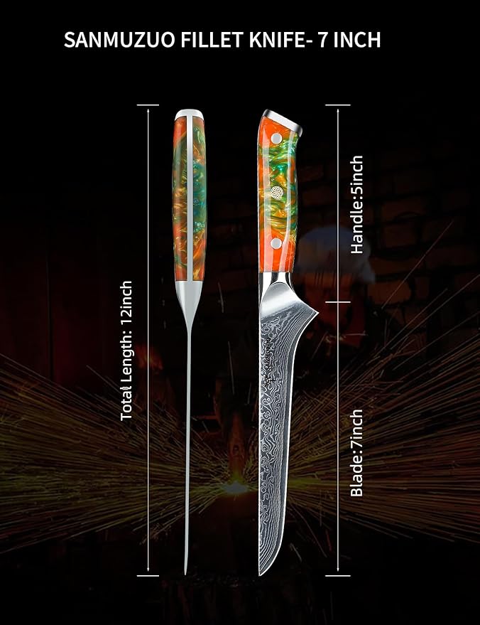 7 inch Fillet Knife, VG10 Damascus Steel Fish Boning Knife with Resin Handle - Xuan Series (Fantasy Orange)