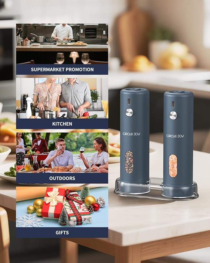 CIRCLE JOY Rechargeable Electric Salt and Pepper Grinder Set with Base, Automatic Pepper Mills with 110ml Container, External Adjustable Coarseness, White Led Light and One-Handed Operation, Blue