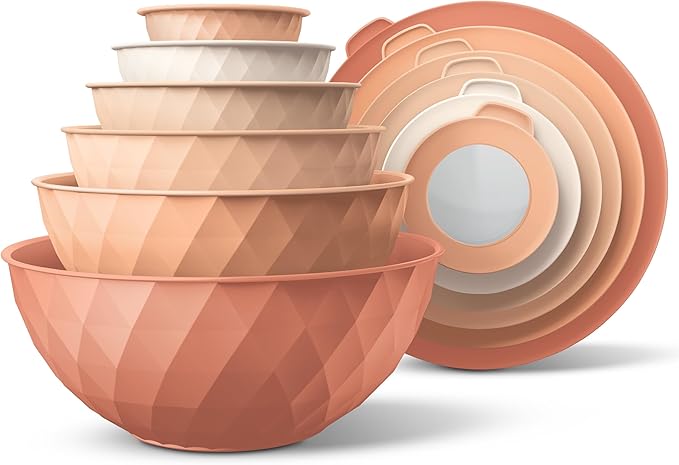 COOK WITH COLOR Mixing Bowls with Lids - 12 Piece Plastic Nesting Bowls Set includes 6 Prep Bowls and 6 Lids, Diamond Design - Microwave Safe (Mint)