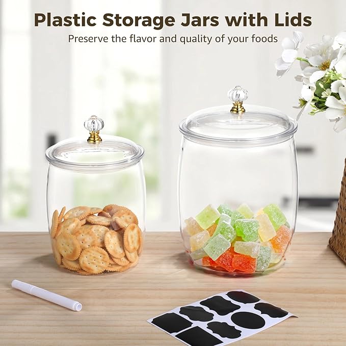 Plastic Storage Jars with Lids for Food, 2.2L x 2PCS, 3.8L x 2PCS, Multi-Functional Airtight Containers with Labels, Scoops, Stickers for Grains Nuts Snacks