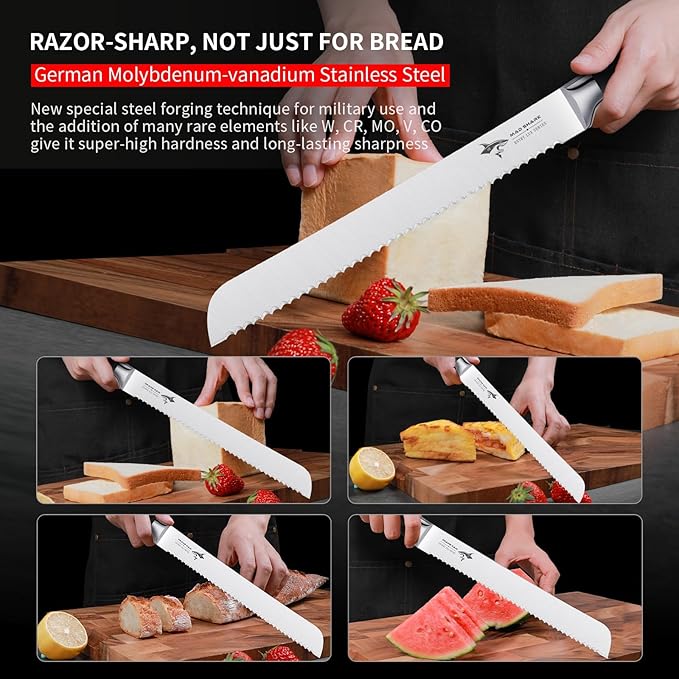 MAD SHARK Bread Knife 8 Inch Pro Serrated Bread Cutter,German High Carbon Stainless Steel Cake Knife with Ergonomic Handle, Ultra Sharp Baker's Knife