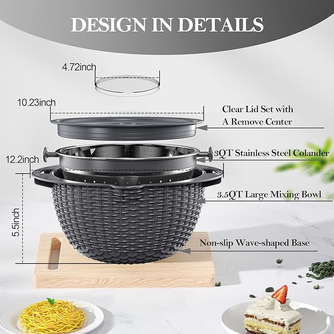 4-in-1 Colander with Bowl Set – Food Strainers and Colanders - Stainless Steel Rotatable Strainer for Fruits & Veggies – Pasta Strainer - Kitchen Essentials - Grey