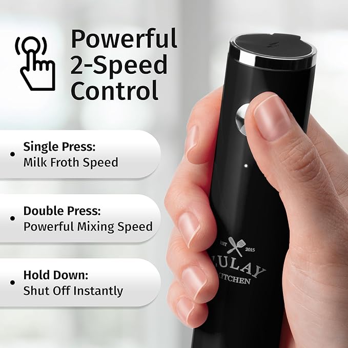 Zulay Kitchen Lux Rechargeable Milk Frother Handheld - Powerful 2-Speed Motor, Fully Waterproof, 2000mAh Battery - Drink Mixer For Latte, Cappuccino, Matcha, Protein Powder - Black