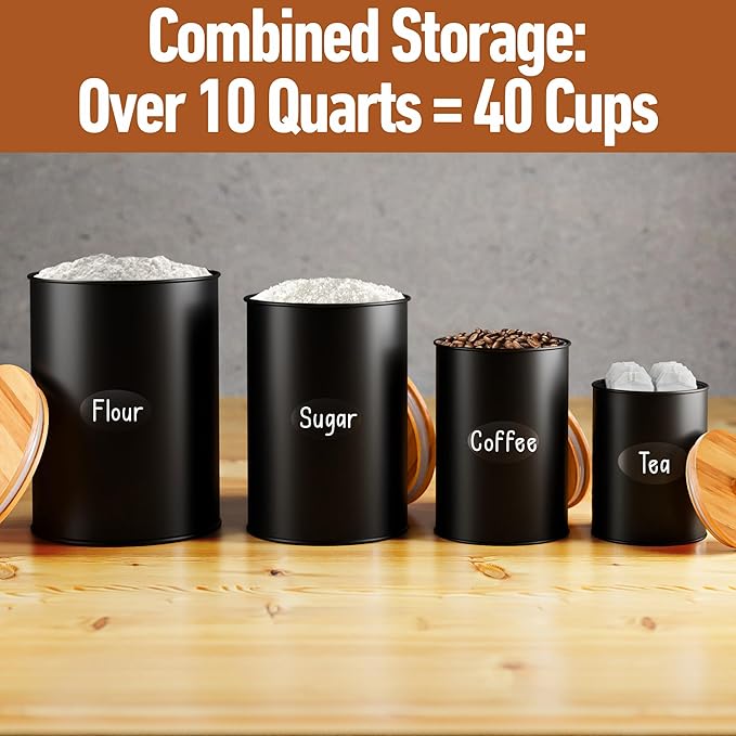 Kitchen Canisters for Countertop Set of 4 with Customizable Chalkboard Labels & Marker Pen - Big Iron Kitchen Canisters with Airtight Lids - Black Canister Set - Flour and Sugar Containers Farmhouse