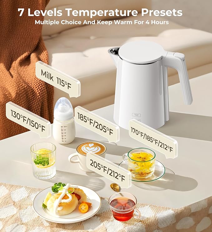 Electric Kettle, 1.0L 1200W Fast Heat with Auto Shut-Off, Boil-Dry Proof, 7 Temperature Control Teapot, Double Wall Stainless Steel Water Boiler Heater, 4H Keep Warm, Cool Touch Coffee Tea Pot, White