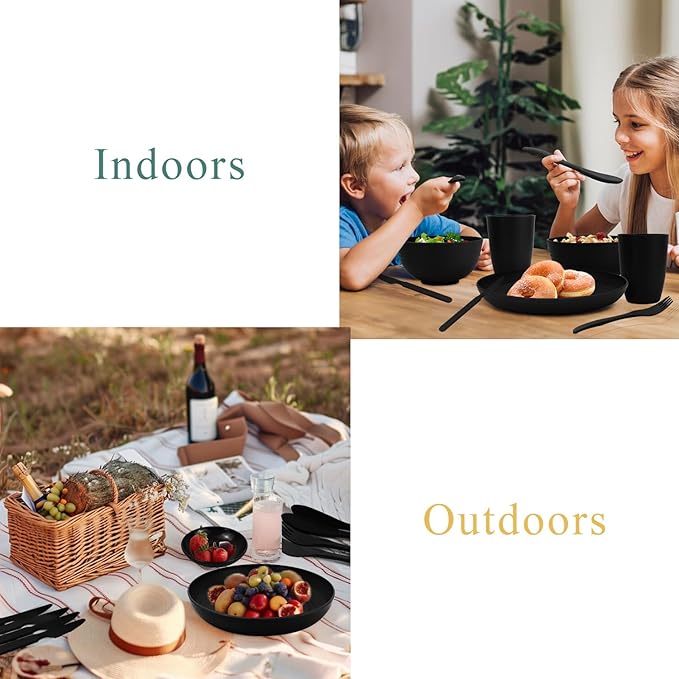 Wheat straw dinnerware set of 28 - Bowls and Plates Set for Dorm - Microwave and Dishwasher safe dish sets for kitchen,camping,indoors and out doors.Black