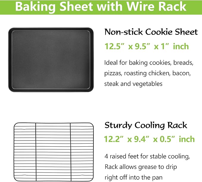E-far Nonstick Baking Sheet with Rack Set, 12.5 x 9.5 x 1 Inch Cookie Sheet Baking Pan with Cooling Rack for Oven, Commercial Grade & Non-Toxic, Easy to Clean