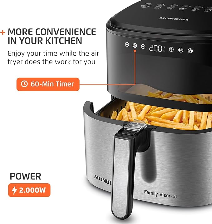 Air Fryer Digital Visor Inox 5.3QT Capacity - High Power & Elegant Stainless Steel Finish - Black & Inox