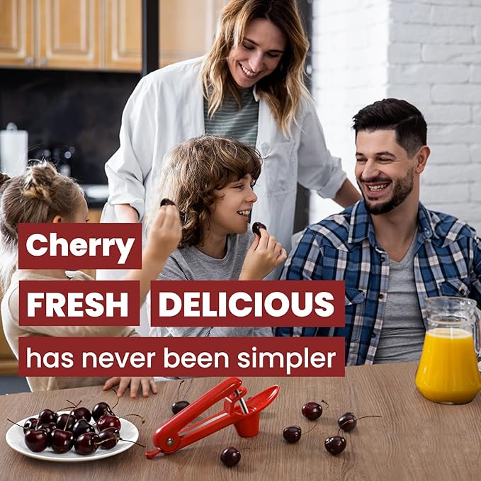 SCHVUBENR Cherry Pitter Tool - Stainless Steel Cherry Corer Pitter with Ergonomic Push Design - Easy to Use for Making Cherry Jam - Pit Cherry with Ease, Saving Time & Space with Lock Design(Red)