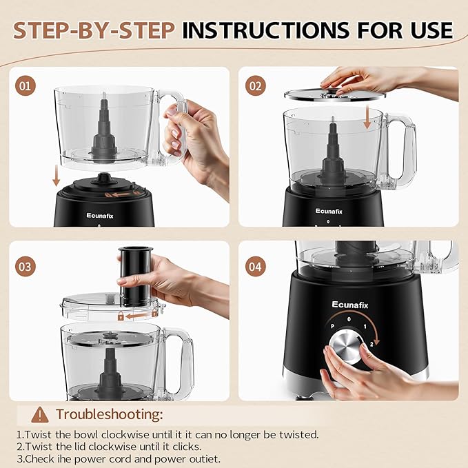 Food Processor and Vegetable Chopper 600W BPA Free 12-Cup Bowl, French-Fry-Cutter, 6.8oz Grinder for Cheese Grating, Ice Creshing, Chopping, Shredding, Slicing, Mixing and Doughing, 2+P Speeds