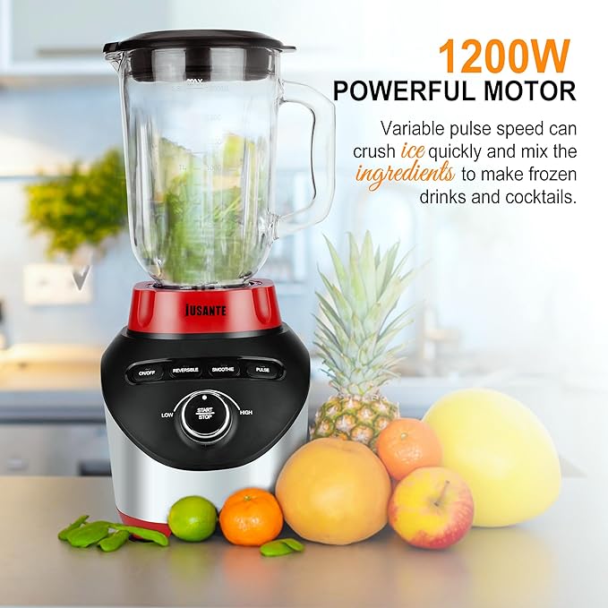 Professional Blender with 1200 Watts and 64 oz Glass Jar Kitchen Countertop Blender for Shakes and Smoothies with High Speed Crushing Smoothie Blender Red for Smoothies Frozen Drinks