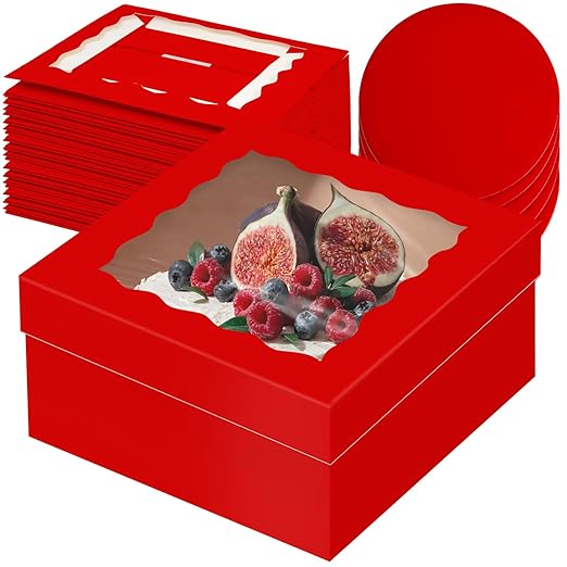qiqee 12x12x6 Cake Box, 18 Sets Red Cake Box with Window & 18 Sets 12" Red Cake Round Boards, 12inch Cake Containers