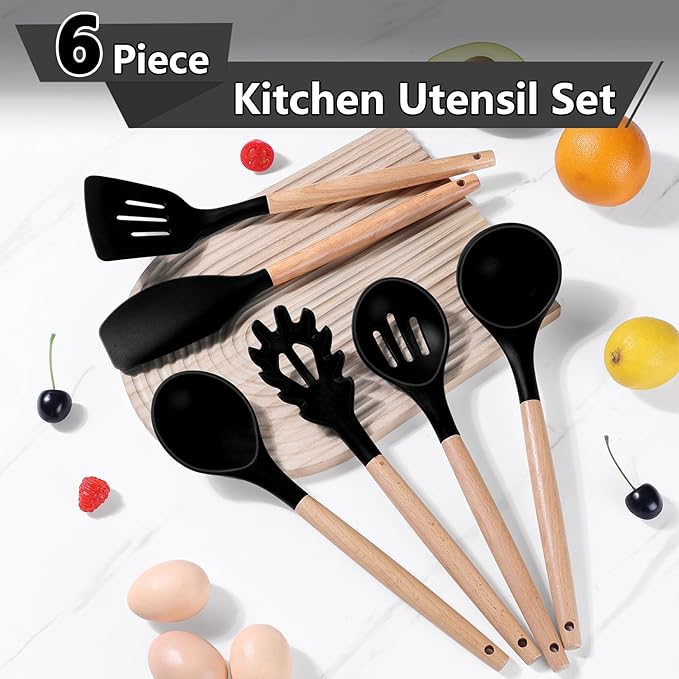 P&P CHEF Cooking Utensils Set, 6 PCS Kitchen Utensils with Wooden Handle, Silicone Spatula for Nonstick Cookware, Easy Clean & Non-toxic, Black