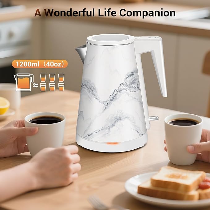 1.2L Double Wall Stainless Steel Interior Water Boiler, Cordless, 1000W Fast Boil with LED Light Coffee Pot & Tea Electric Kettle, Auto Shut-Off and Boil-Dry Protection (White Marble)